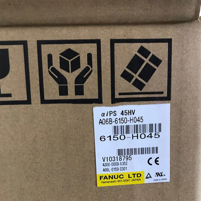 FANUC Servo Drive A06B-6150-H045 box, showing part number and safety symbols.