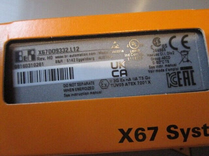 B&R X67DO9332.L12 Digital Output Module Label Detail in Orange Packaging, Industrial Automation Parts
