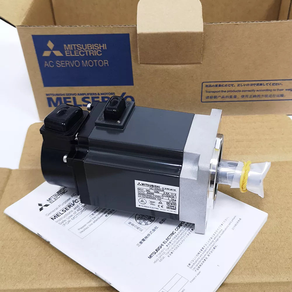Mitsubishi HG-KR43JK AC Servo Motor in box, industrial automation equipment.  Black and silver design, MELSERVO.