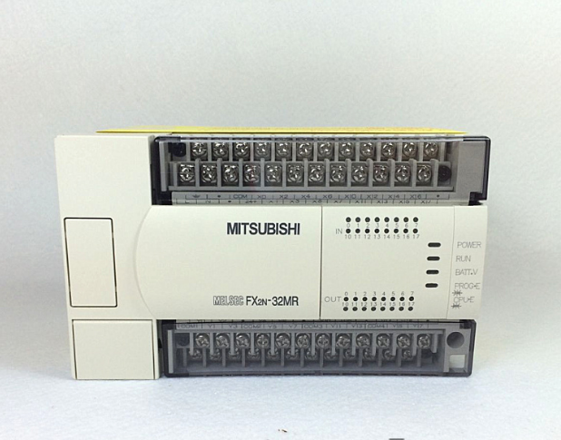 Mitsubishi FX2N-32MR PLC module, new industrial automation part, front view with terminals, power and run indicators