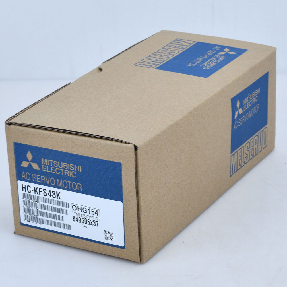 Mitsubishi HC-KFS43K AC Servo Motor in Box - New. Industrial automation part for motor control, with labels.