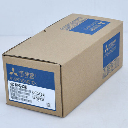 Mitsubishi HC-KFS43K AC Servo Motor in Box - New. Industrial automation part for motor control, with labels.
