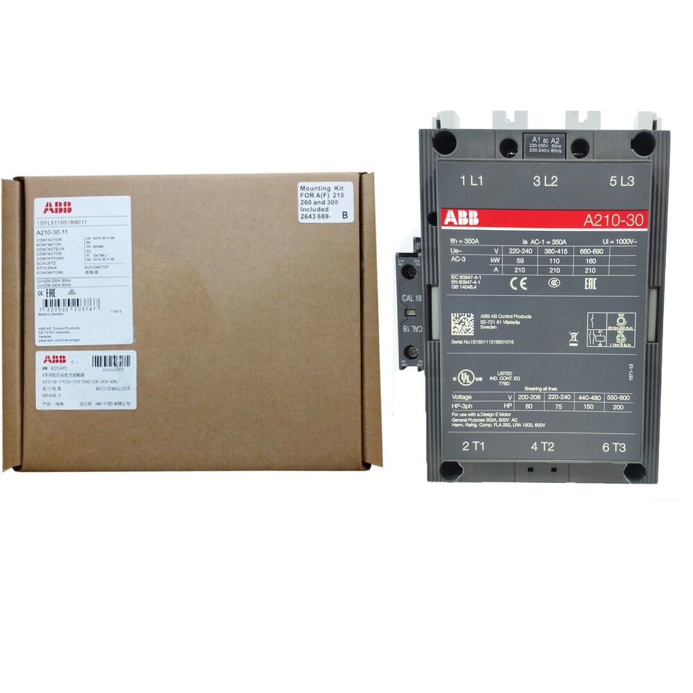 ABB A210-30-11 3-Phase Contactor for automation. Includes mounting kit. AC24, 110V, 220V, and 380V options available.
