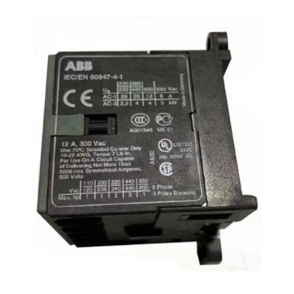 ABB IEC/EN 60947-4-1 Contactor, black PLC component with specifications visible, 300Vac