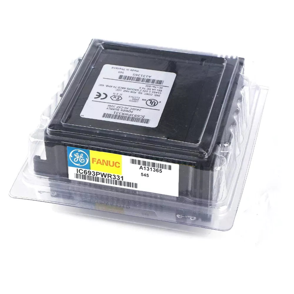 FANUC IC693PWR331 Ethernet Controller Module, industrial power supply in packaging, angled view.