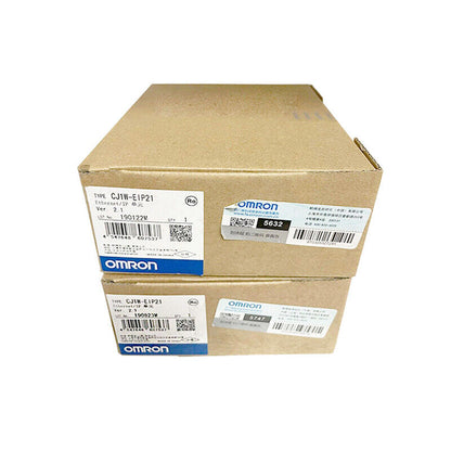 Omron CJ1W-EIP21 Ethernet/IP PLC Module in box, product label and specifications, model 190122M and 190823M.