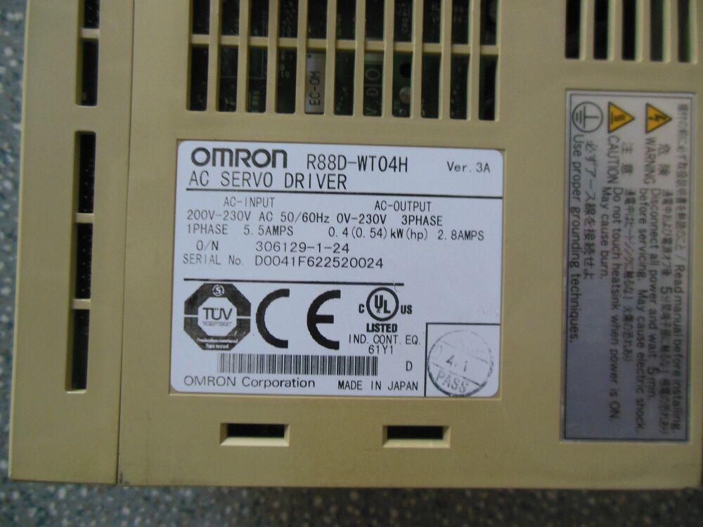 Omron R88D-WT04H AC Servo Drive label with product details and safety warnings, Made in Japan.