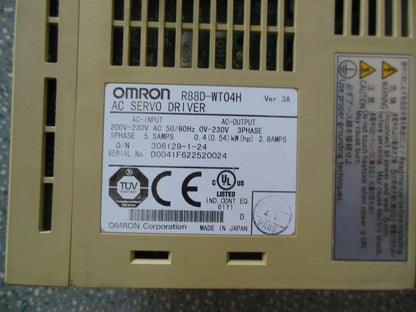 Omron R88D-WT04H AC Servo Drive label with product details and safety warnings, Made in Japan.