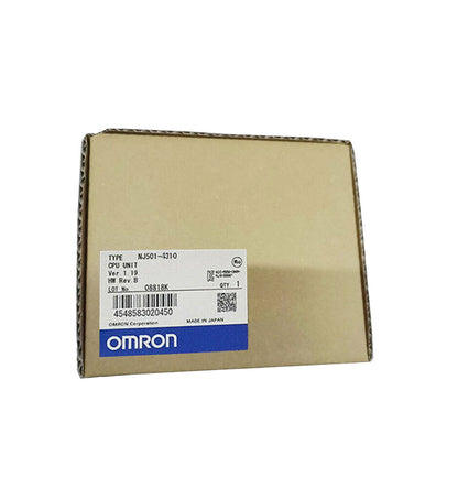 OMRON NJ501-4310 CPU Unit in box, new industrial automation PLC module, featuring OMRON Corporation logo and product details.