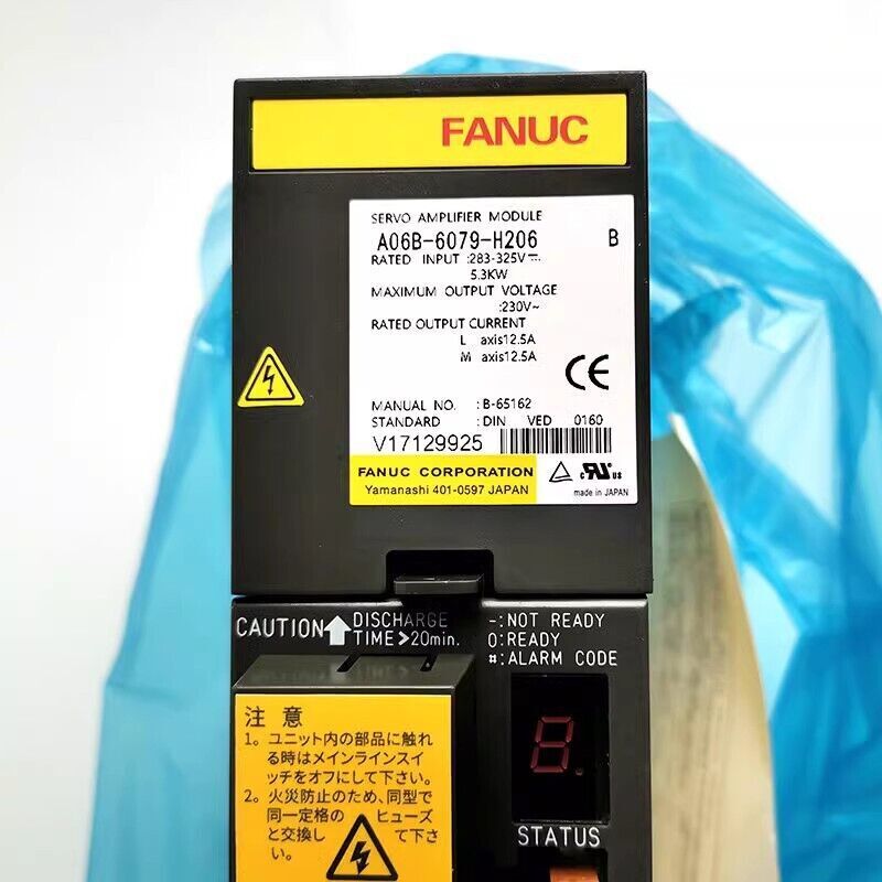FANUC A06B-6079-H206 Servo Amplifier Module, detail view showing labels, voltage and alarm code information.