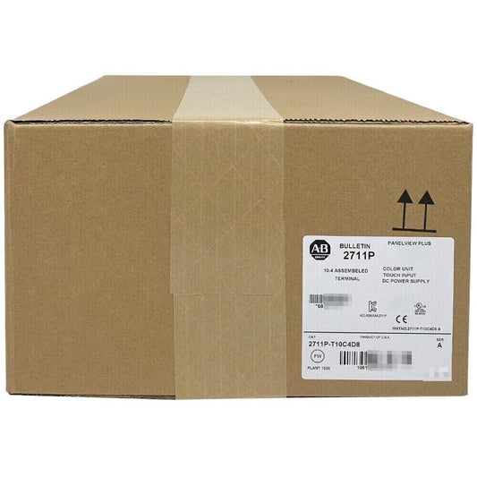 Allen-Bradley 2711P-T10C4D8 PanelView Plus 6 HMI terminal in box, industrial automation equipment, DC power supply.