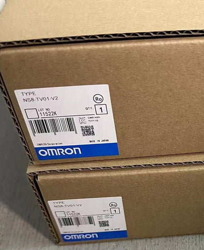 Omron NS8-TV01-V2 Touch Screen HMI in box. Includes product label and quantity.