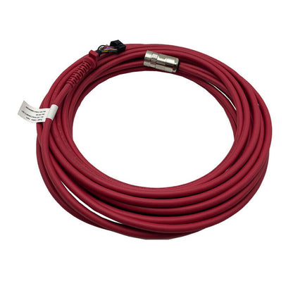 Coiled red ABB 3HAC084673-001 teach pendant cable with metal connector for industrial automation.