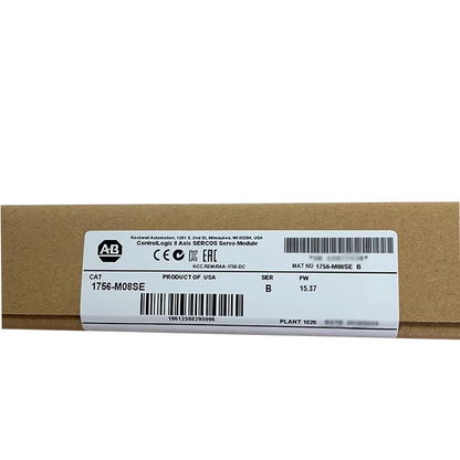 Allen-Bradley 1756-M08SE ControlLogix Servo Module. Product of USA, featuring part number information and barcode.