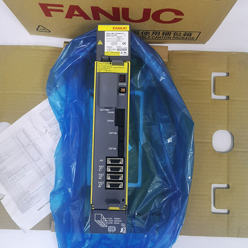 FANUC A06B-6114-H303 Servo Drive module in blue wrap, industrial automation part for sale.