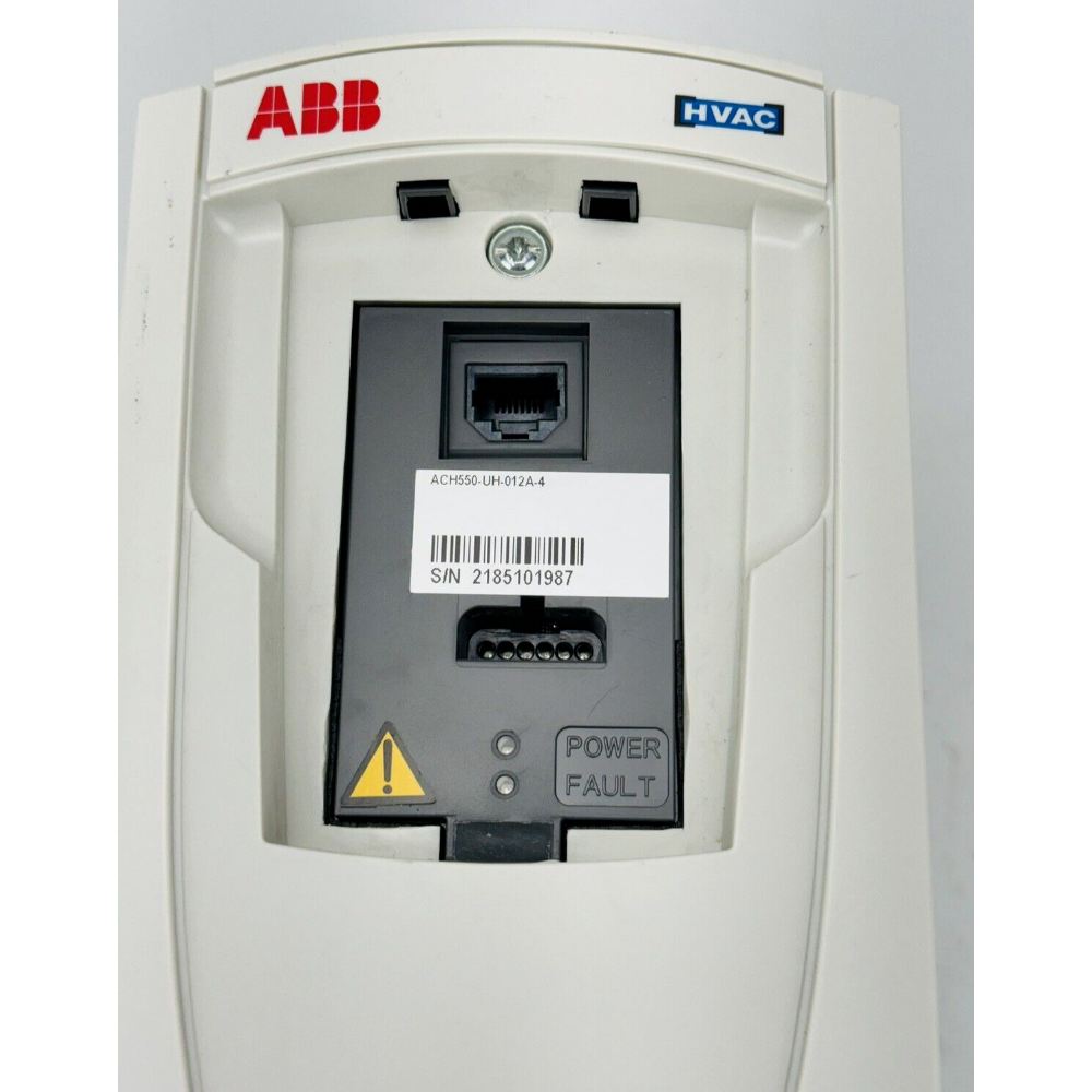 ABB ACH550-UH-012A-4 AC Drive front view. Featuring HVAC and Power Fault indicators, with serial number 2185101987.
