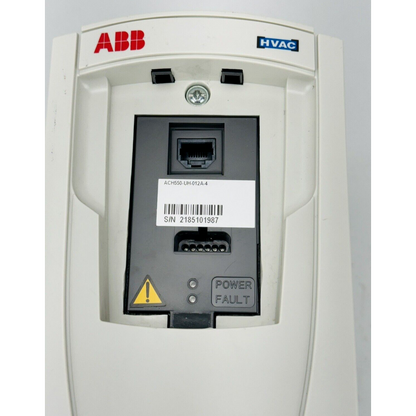 ABB ACH550-UH-012A-4 AC Drive front view. Featuring HVAC and Power Fault indicators, with serial number 2185101987.