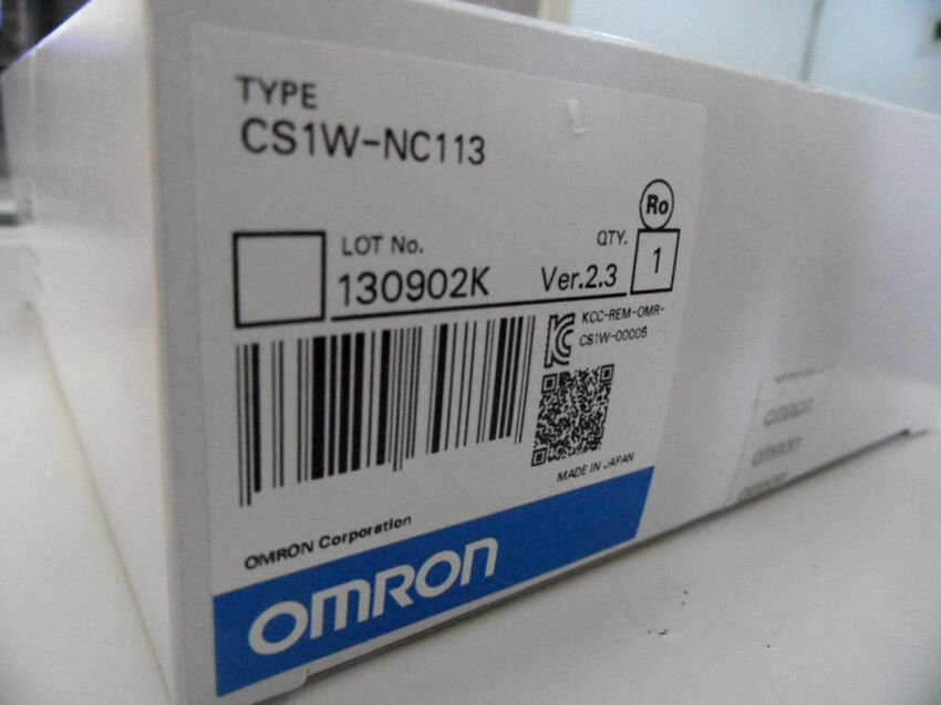 Omron CS1W-NC113 PLC Module box label, white with blue Omron logo and product details. Made in Japan.