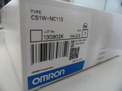 Omron CS1W-NC113 PLC Module box label, white with blue Omron logo and product details. Made in Japan.