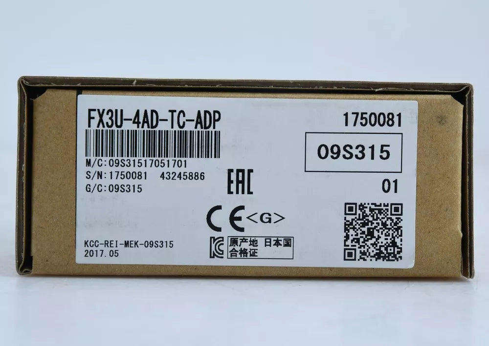 Mitsubishi FX3U-4AD-TC-ADP PLC Module, product label with serial number, model details, and certification symbols.