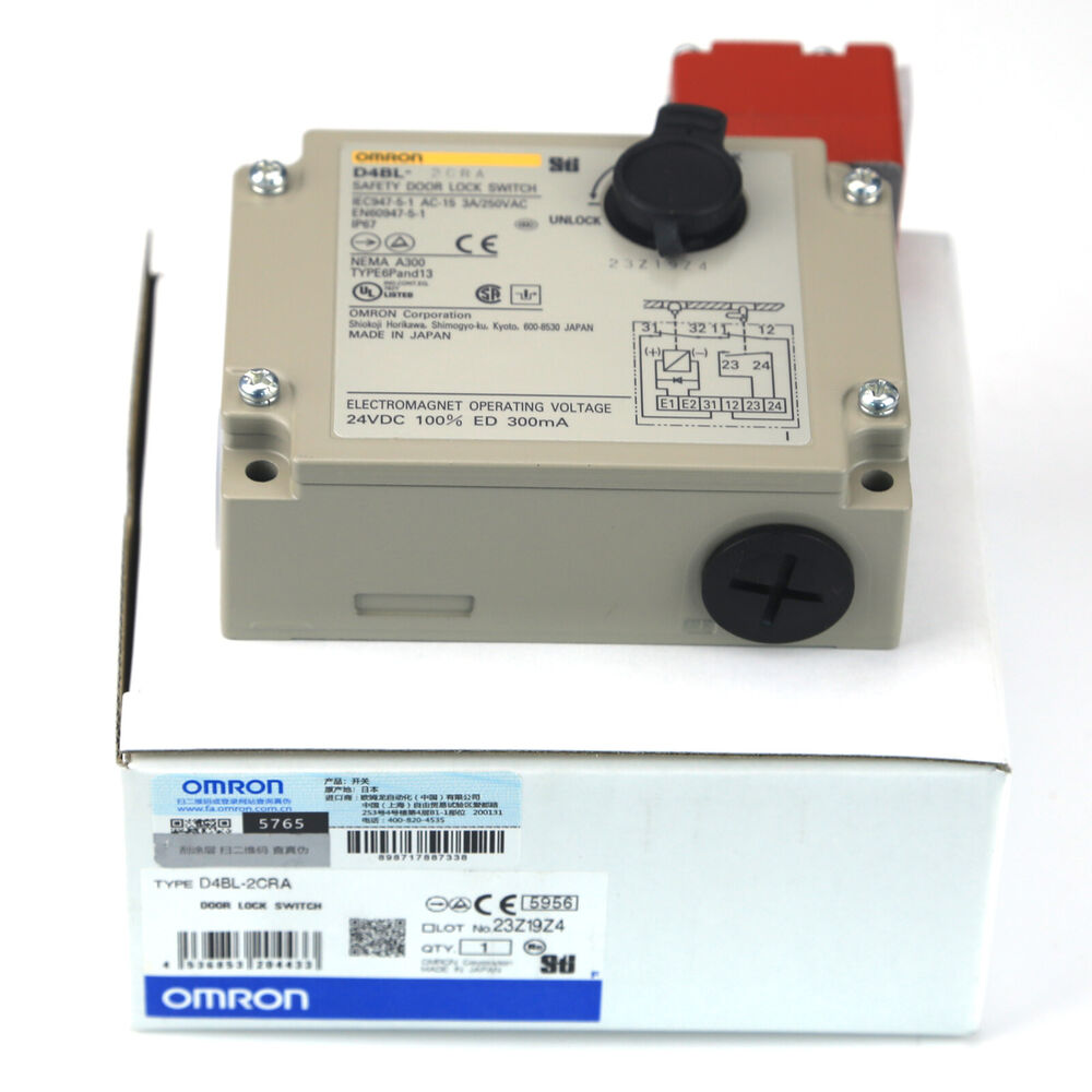 New OMRON D4BL-2CRA Safety Door Lock Switch, in box. Features product details and red/black components.