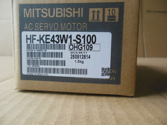 Mitsubishi HF-KE43W1-S100 AC Servo Motor packaging, product details and specifications label.