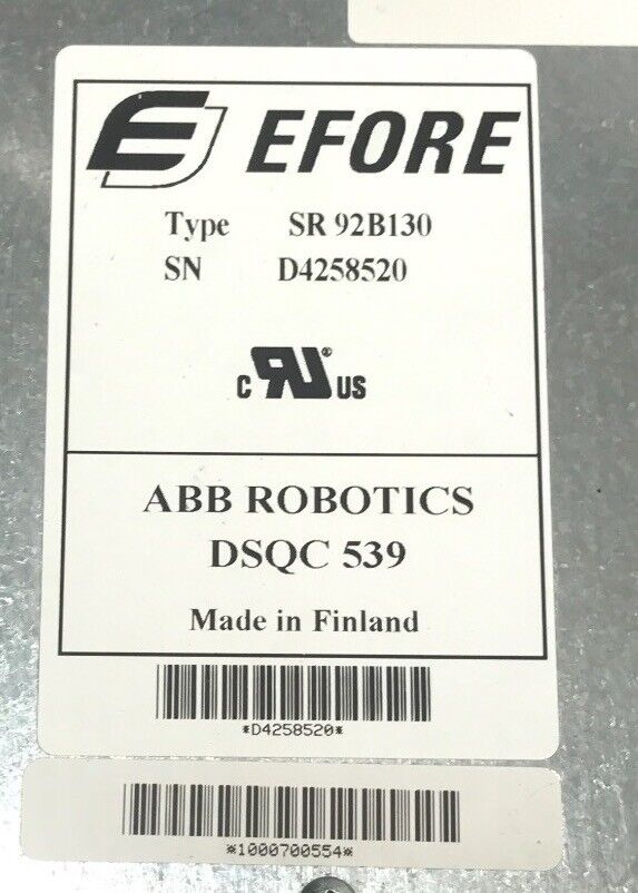 ABB Robotics Power Supply SR92B130 label, EFORE, DSQC 539, Made in Finland. Industrial automation component.