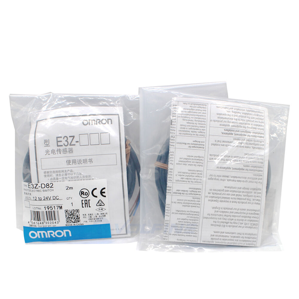 Omron E3Z-D82 photoelectric switch sensor in packaging, 12-24V DC, 2m cable. New industrial automation sensor.