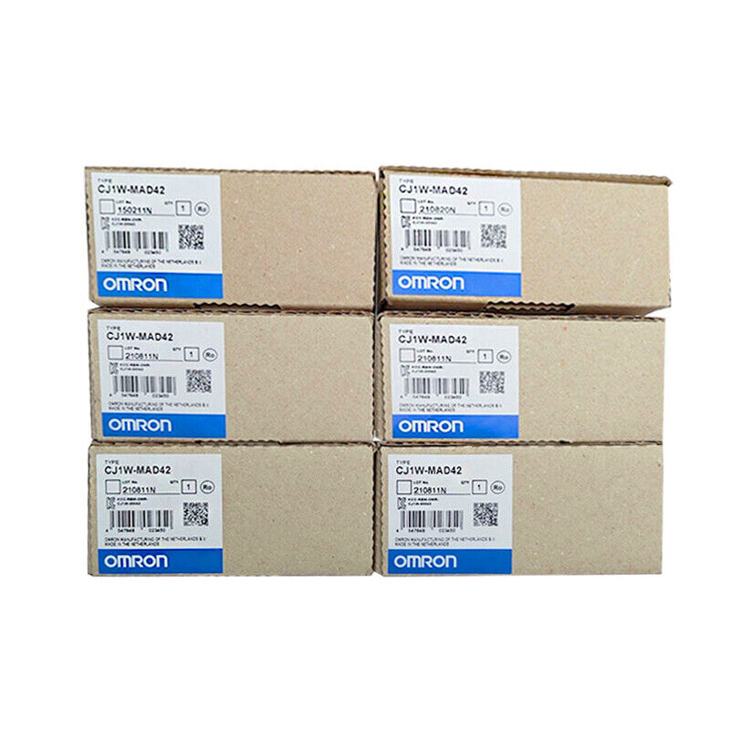 Omron CJ1W-MAD42 Analog I/O Unit boxes, new in box, featuring product details and barcode. US Stock.