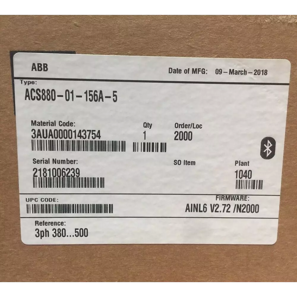 ABB ACS880-01-156A-5 Inverter Label, showing material code, serial number, firmware, and other technical specifications.