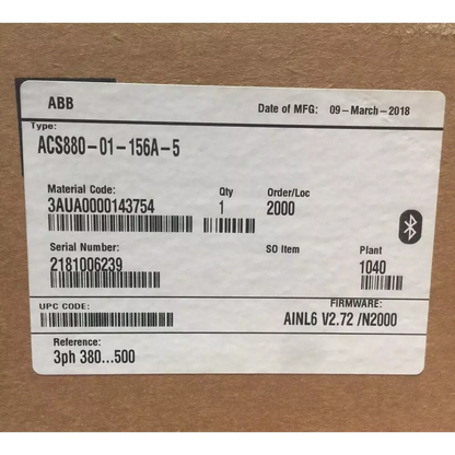 ABB ACS880-01-156A-5 Inverter Label, showing material code, serial number, firmware, and other technical specifications.