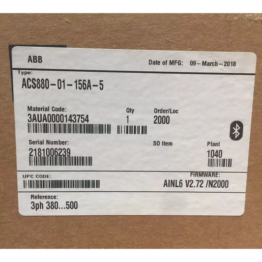 ABB ACS880-01-156A-5 Inverter Label, showing material code, serial number, firmware, and other technical specifications.