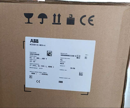 ABB ACS550-01-087A-4 drive product label on a cardboard box, showing model details and specifications.