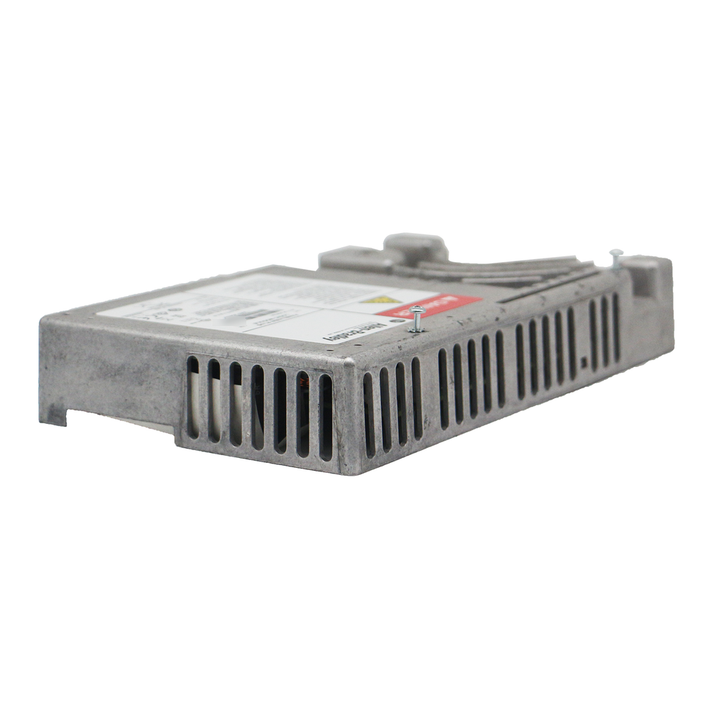 Allen-Bradley PLC module. Silver metal casing with ventilation slots.  Features a label with text and screw detail.