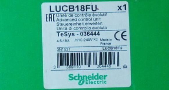 Schneider Electric LUCB18FU PLC module product label, advanced control unit, 110-240V, TeSys