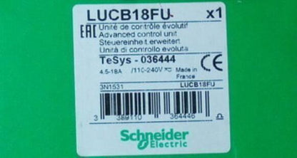 Schneider Electric LUCB18FU PLC module product label, advanced control unit, 110-240V, TeSys