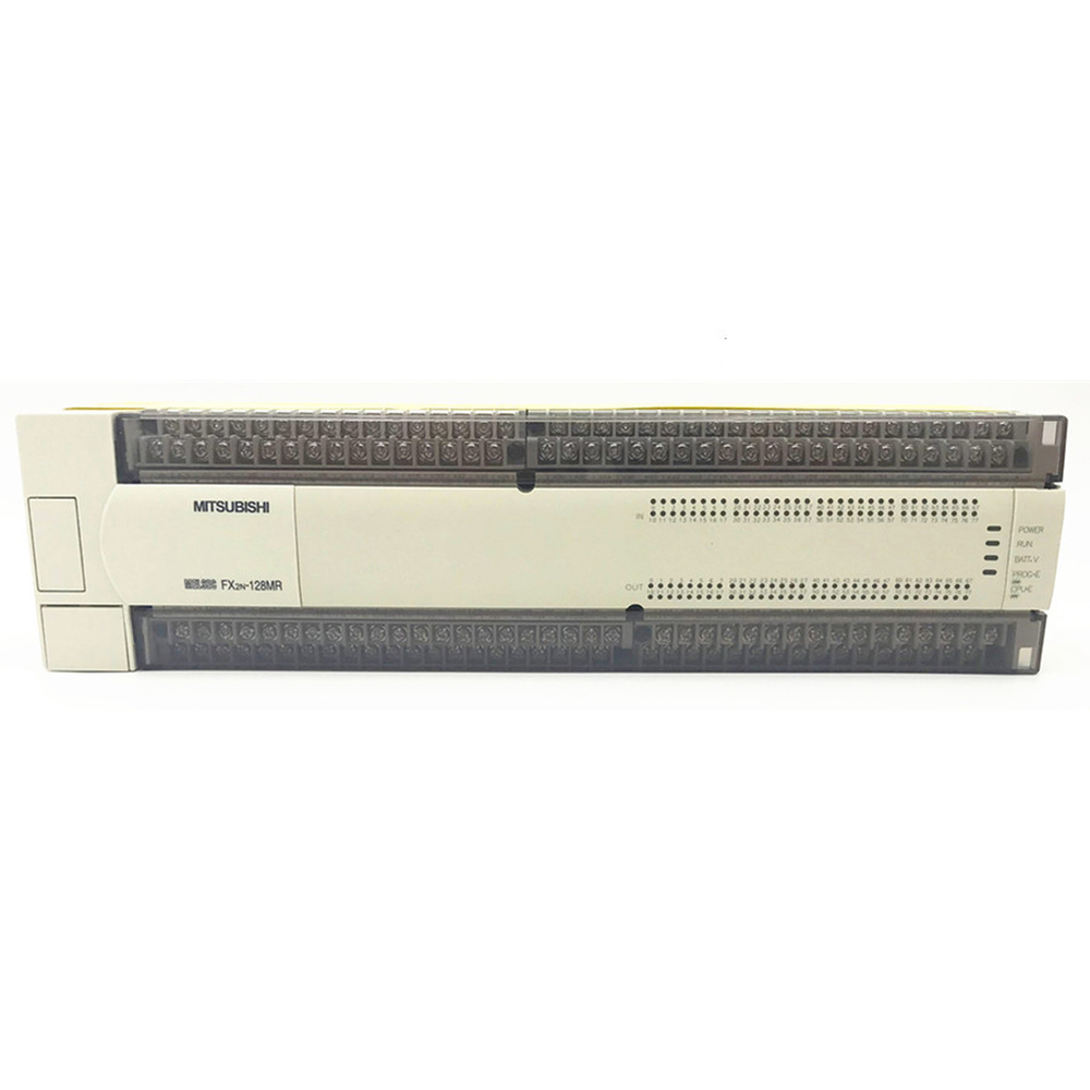 Mitsubishi FX2N-128MR PLC industrial automation module, white/gray color. Features terminal blocks and Mitsubishi logo.