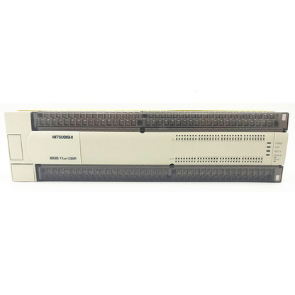 Mitsubishi FX2N-128MR PLC industrial automation module, white/gray color. Features terminal blocks and Mitsubishi logo.