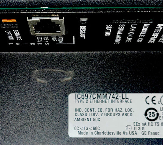 FANUC IC697CMM742-LL Series Ethernet Interface Module, industrial automation part, Ethernet interface.