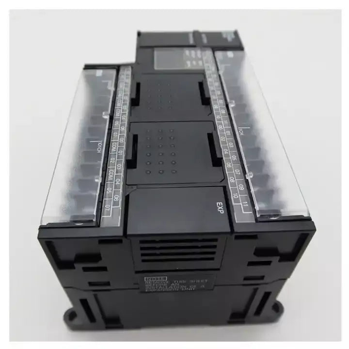 Omron CP1H-XA40DT1-D PLC Module. Black industrial automation equipment with clear plastic covers and connector labels.