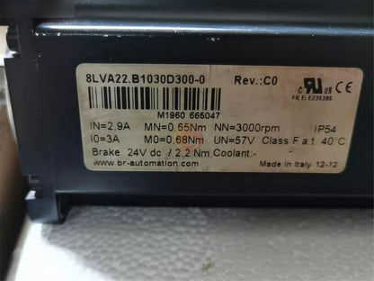 B&R 8LVA22.B1030D300-0 servo motor label with specs: 2.9A, 0.65Nm, 3000rpm, IP54. Made in Italy.
