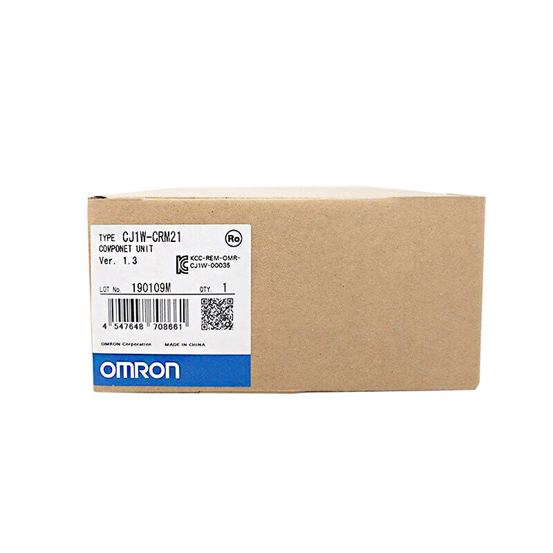 OMRON CJ1W-CRM21 PLC module in box, new automation component, with product info.