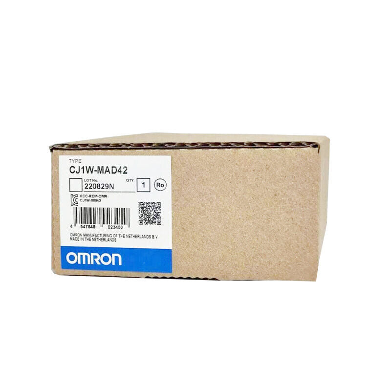 Omron CJ1W-MAD42 Analog I/O Unit box. New in box, featuring product details and barcode.