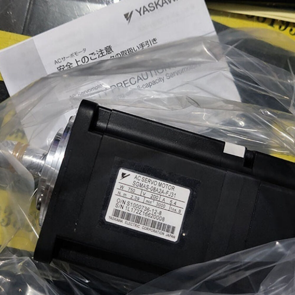 YASKAWA SGMAS-08A2A-FJ31 AC Servo Motor, new in box, industrial automation part. Includes label with specifications.