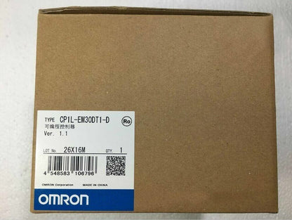 Omron CP1L-EM30DT1-D PLC in box. Industrial automation part with label, made in China.