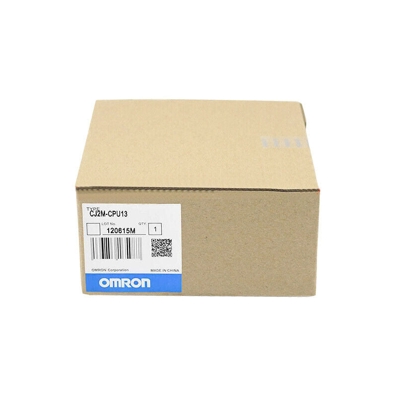 Omron CJ2M-CPU13 PLC Module in original box, featuring product details and 'Made in China' label. New in box.