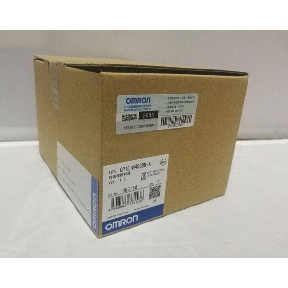 Omron CP1E-N40SDR-A PLC Module in box, industrial automation part.