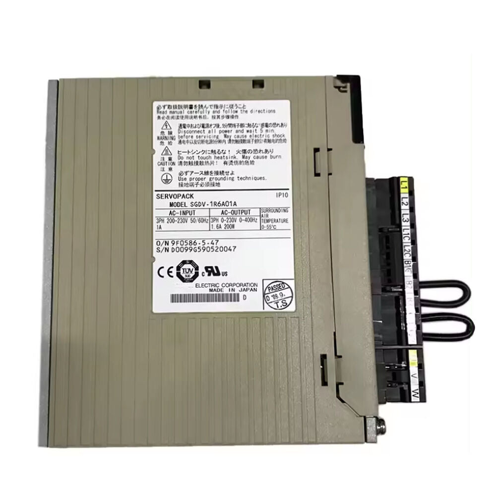 YASKAWA SGDV-1R6A01A Servo Drive - Industrial Automation Part, with labels showing AC Input and Output, Made in Japan.