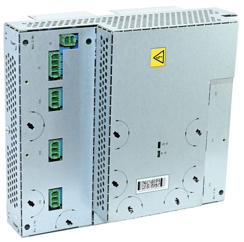 ABB DSQC406 Drive Unit PLC, silver metal casing with green connectors and warning label, industrial automation part