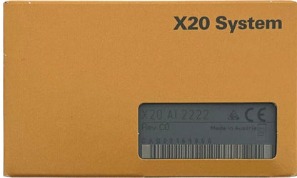 B&R X20AI2222 PLC Module box. Orange packaging, product details visible, 'Made in Austria' label.